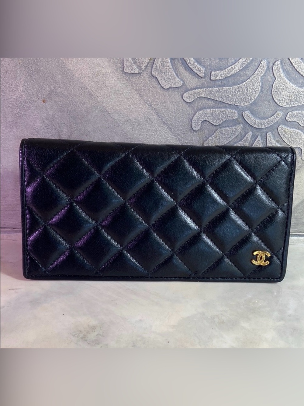 Designed CHANEL Quilted Lambskin Leather Long Wallet-- w/ GOLD LOGO EUC